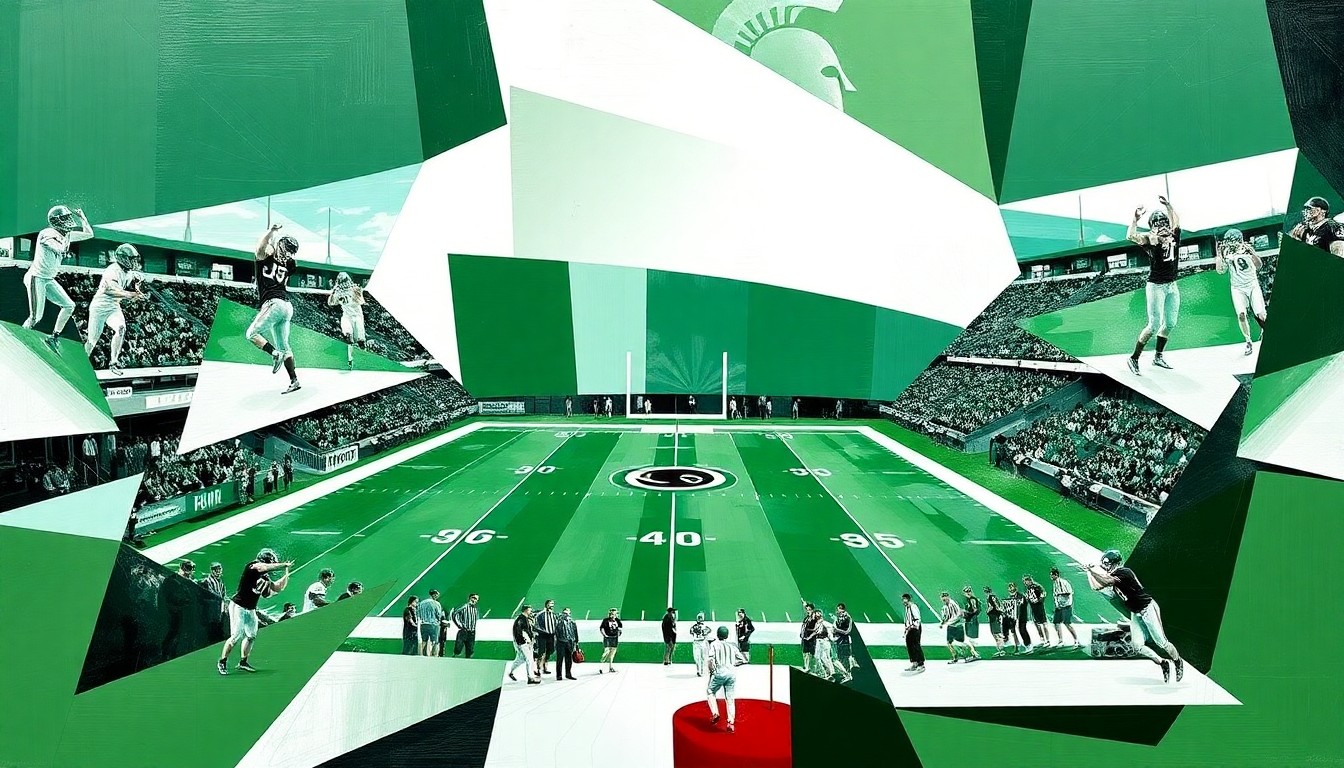 A cubist, geometric painting depicting fragmented, overlapping views of a college football field and players, rendered in the green and white colors of Michigan State University.