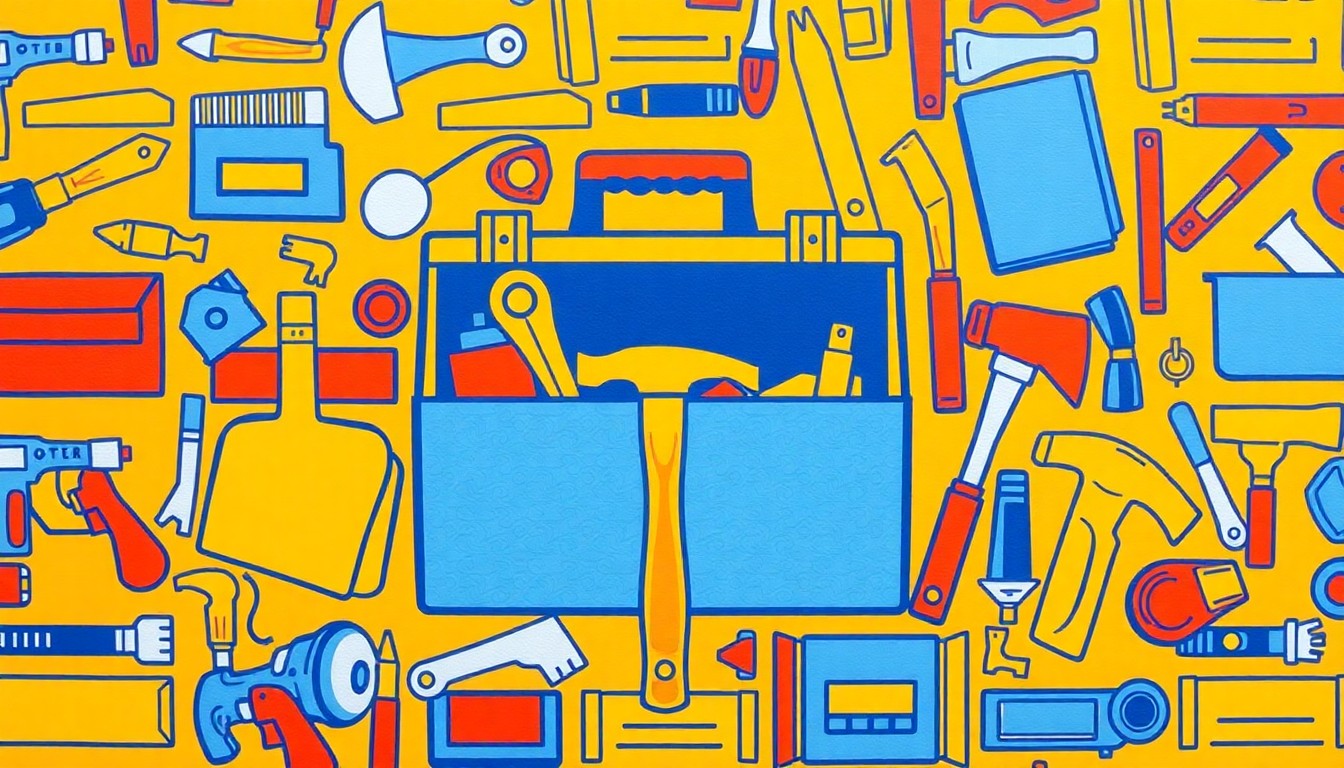 A vibrant, abstract grid of construction tools and materials in a pop art style, conceptually representing the efforts of a local business to restore a family's home after disaster struck.