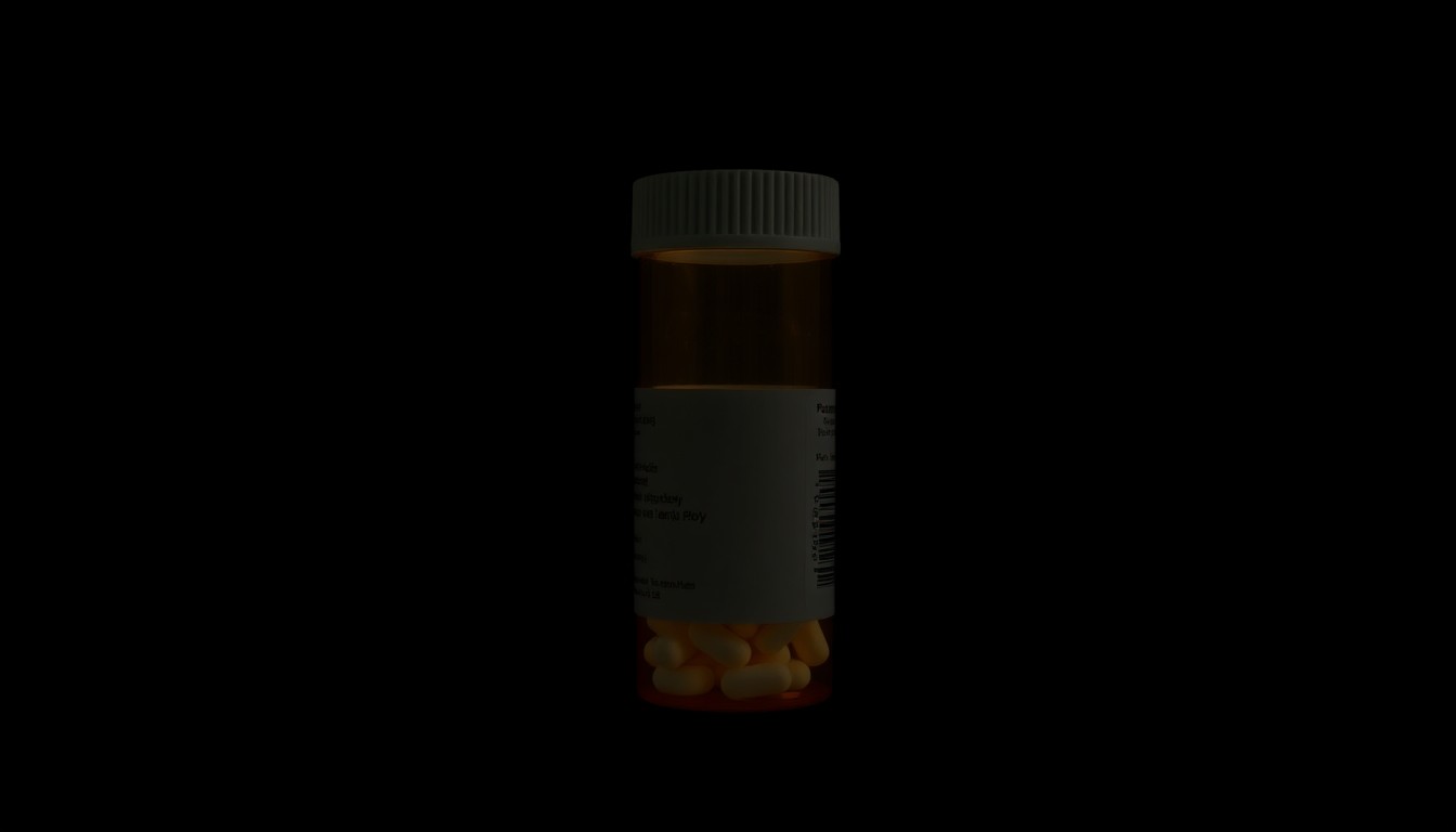 An extreme close-up photograph of a single prescription pill bottle reflecting a harsh, direct camera flash, conceptually illustrating the investigation into the theft of controlled substances.