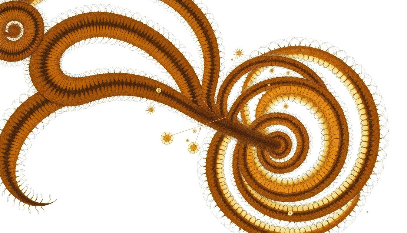 A bold, highly structured abstract painting in earthy tones, resembling a massive scientific diagram with sweeping geometric arcs, concentric circles, and precise botanical spirals, conceptually representing the complex life cycle and invasive nature of the New World Screwworm parasite.