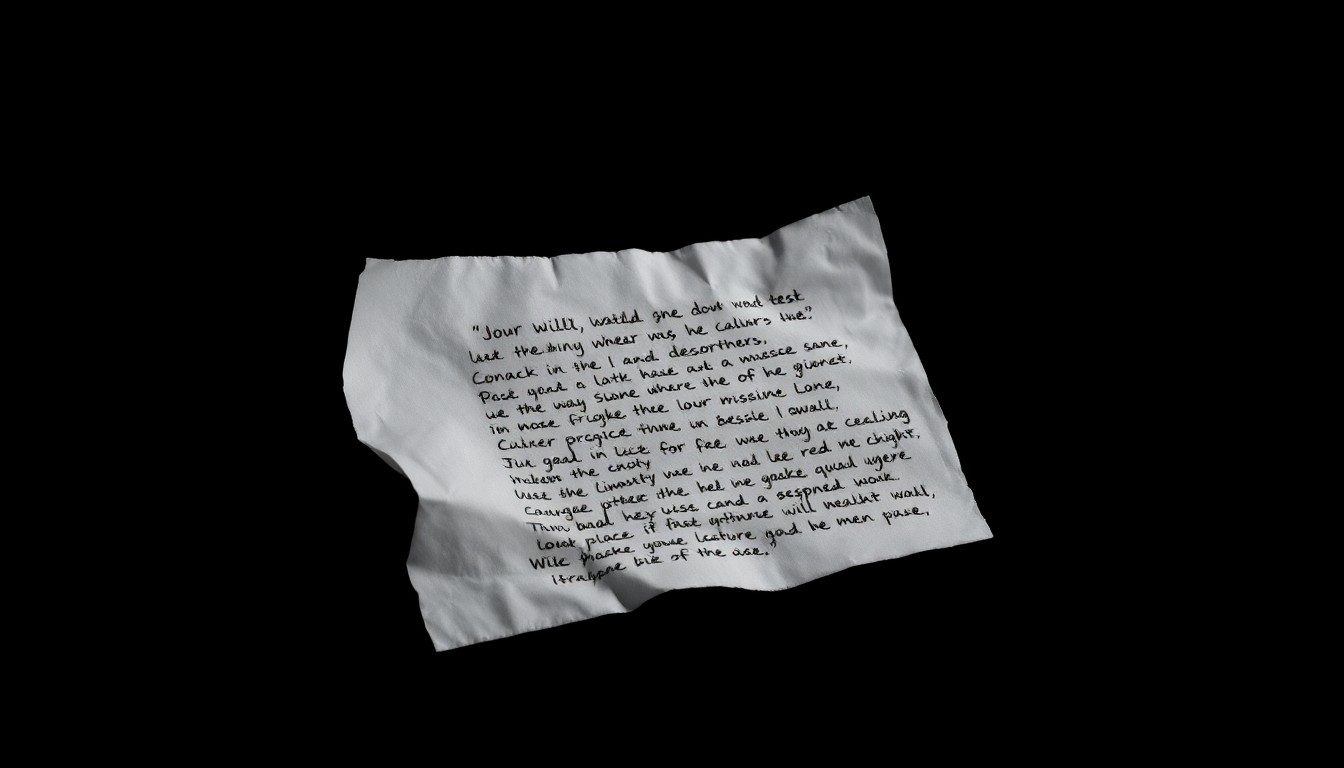 An extreme close-up photograph of a crumpled piece of paper with handwritten lyrics, the harsh lighting and stark black background creating a gritty, investigative mood around the potential use of artistic expression as criminal evidence.