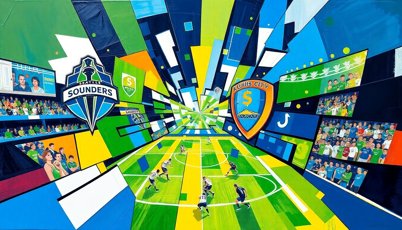 A fragmented, cubist-style painting depicting the dynamic action of a soccer match between the Seattle Sounders and St. Louis City, with the teams' colors and geometric shapes blending together in an abstract, energetic composition.