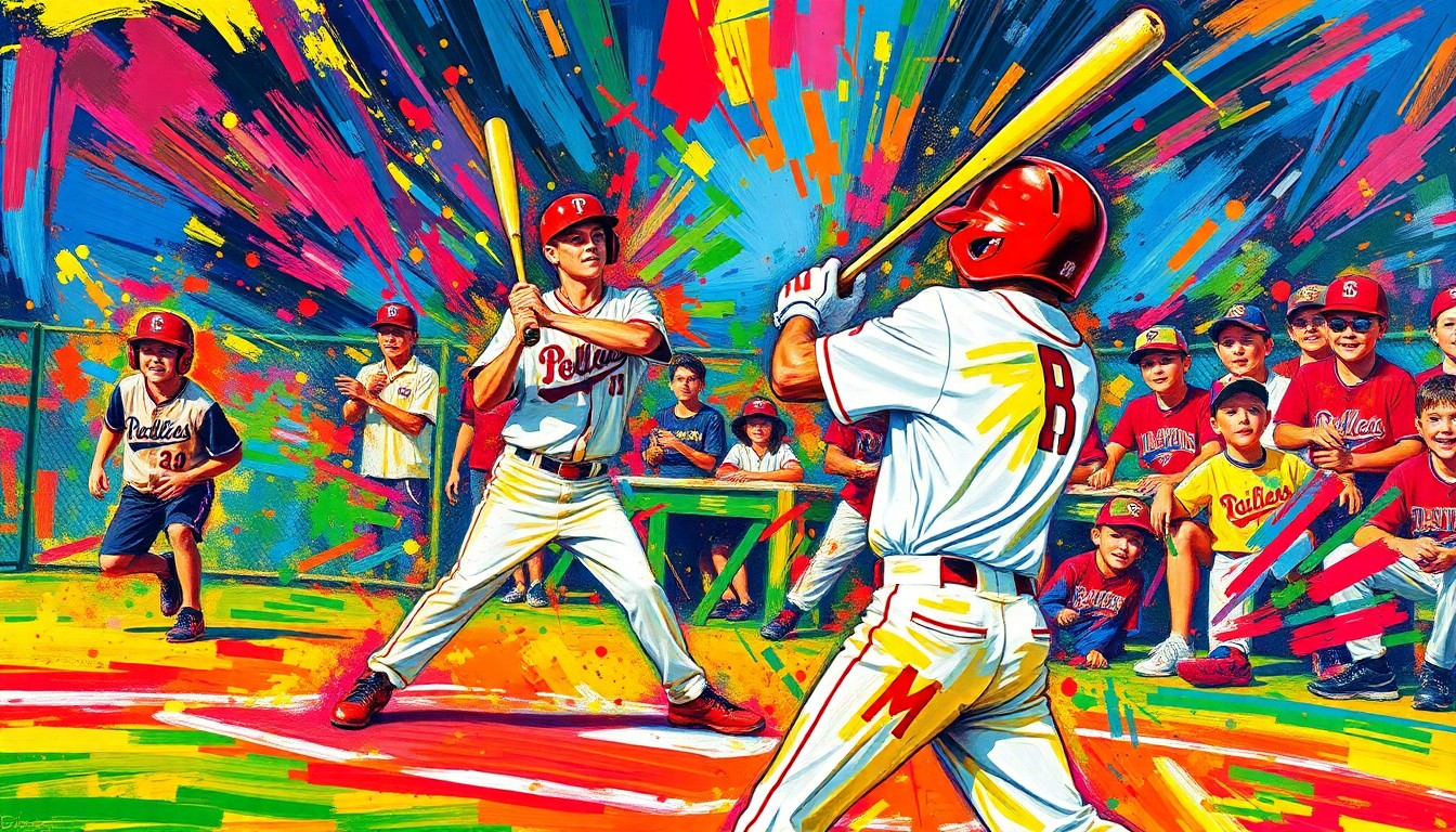 An extreme close-up of baseball bats colliding with baseballs in a blur of vibrant neon colors and energetic brushstrokes, conceptually representing the Gators' offensive outburst against Jamestown.