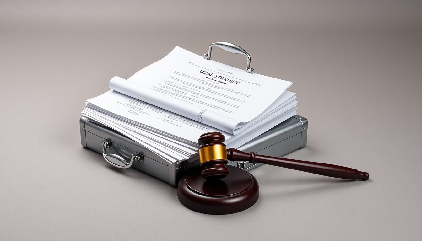 A photorealistic studio still life featuring a stack of legal documents, a gavel, and a metal briefcase, conceptually representing the corporate strategy and legal battles behind a major real estate transaction.