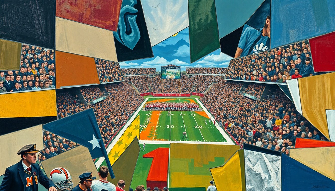 A cubist, geometric painting depicting a fragmented college football game, with overlapping planes of color and shape representing the complexity of the sport's shifting landscape.