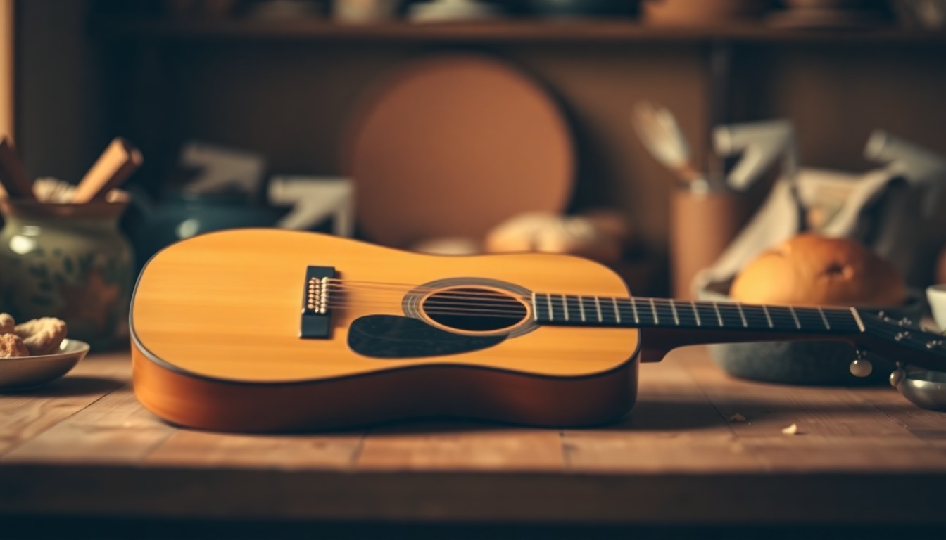 An extremely abstracted, out-of-focus photograph in soft pools of warm color and light, depicting the blurred outlines of a guitar, baked goods, and other homey objects on a wooden surface, conveying the cozy, nostalgic atmosphere of Ewing's life.