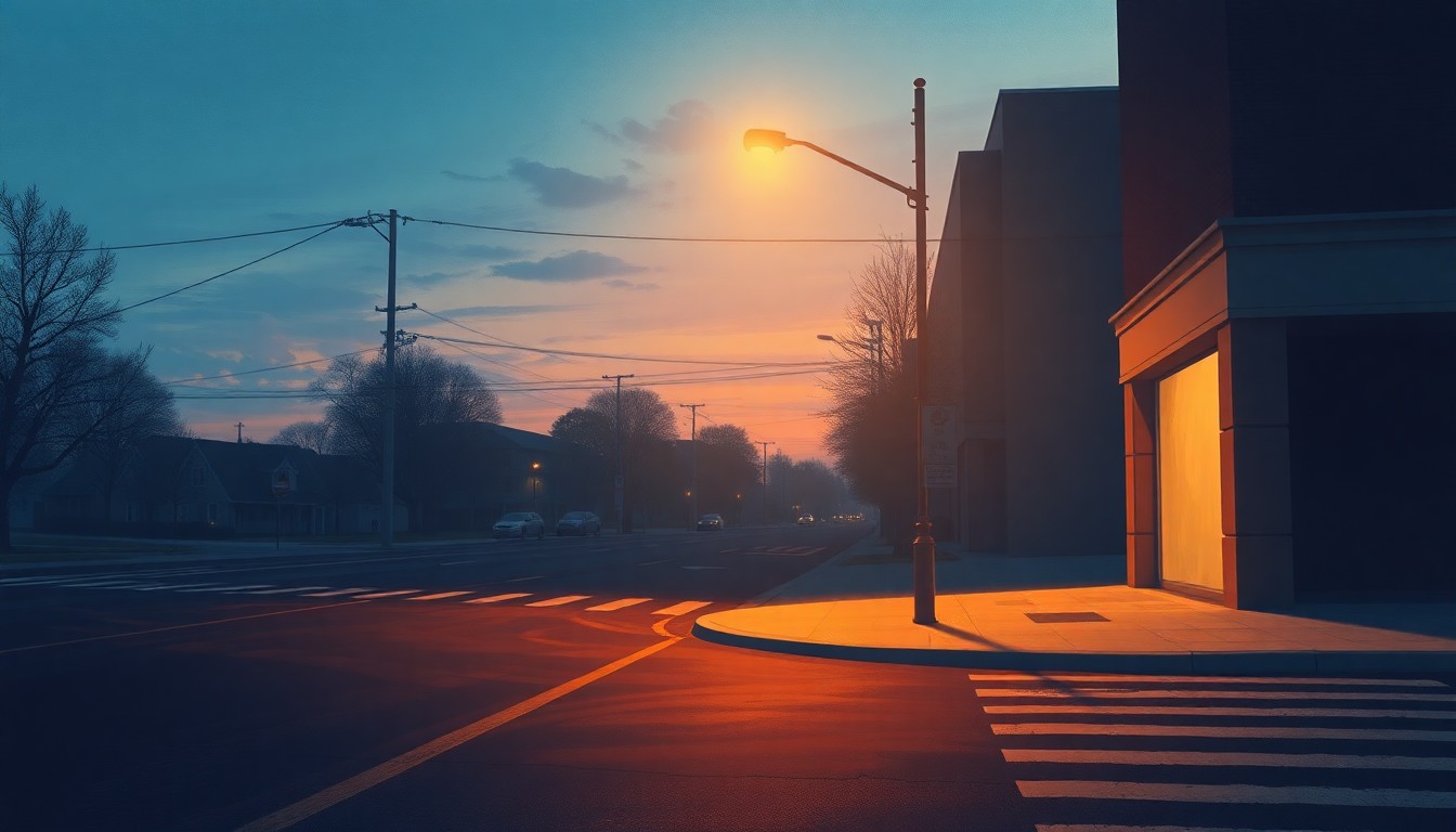 A dimly lit city street corner at dusk, with a lone streetlight casting warm, diagonal shadows across the pavement, creating a sense of quiet contemplation and urban melancholy.