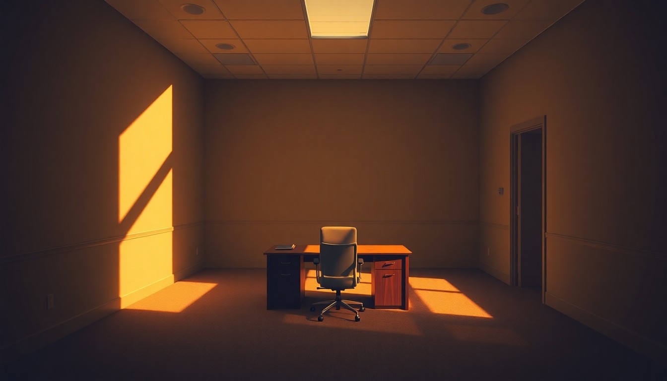 A quiet, cinematic painting of an empty government office space with a single desk and chair in the center, bathed in warm, diagonal sunlight and deep shadows, conceptually illustrating the tensions between the Trump family and the federal government over tax privacy.