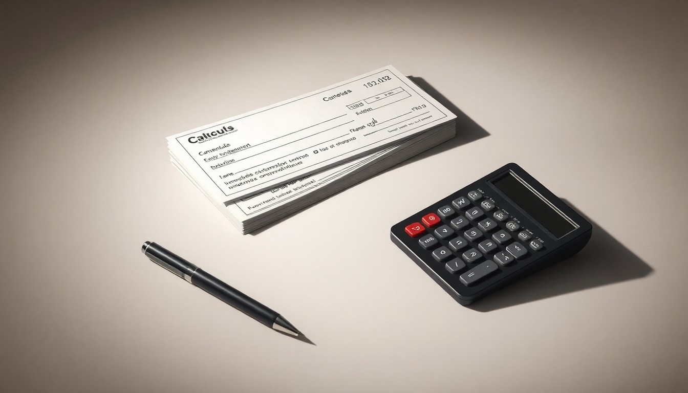 A photorealistic studio still life featuring a stack of paychecks, a pen, and a calculator arranged on a clean, monochromatic background, symbolizing the financial impact of the union's successful contract negotiations.