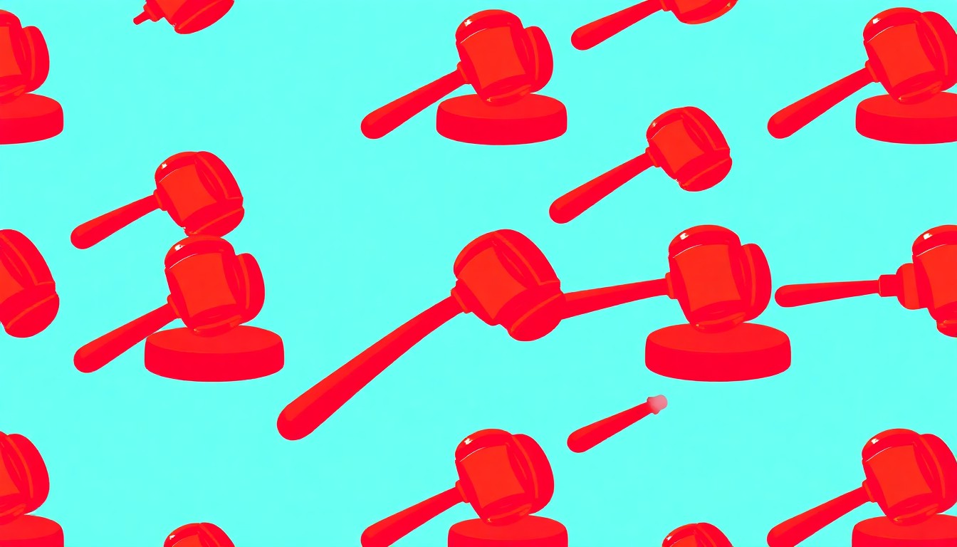 A vibrant, pop art-inspired illustration featuring a repeated image of a gavel in a grid, conceptually representing the legal system and the training exercise for police officers.