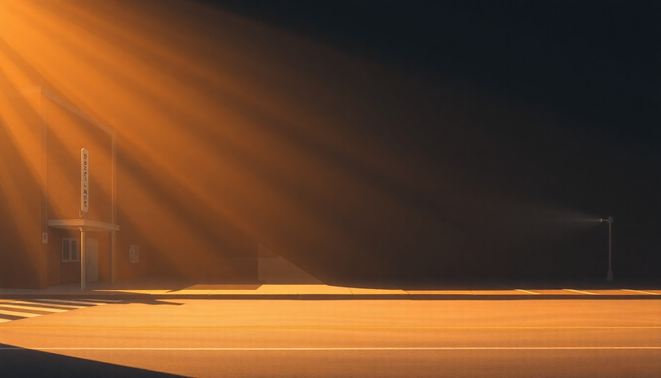 A serene, nostalgic painting of a single-story library or community center building, its facade illuminated by warm, angled sunlight and surrounded by deep shadows, conveying a sense of quiet contemplation and the importance of public spaces in a community.