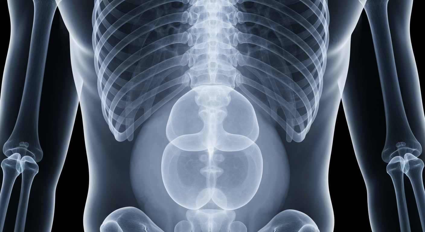 An extreme close-up X-ray image revealing the internal structure of the human abdomen, conceptually representing the transparency and patient-focused approach of a telehealth weight management provider.