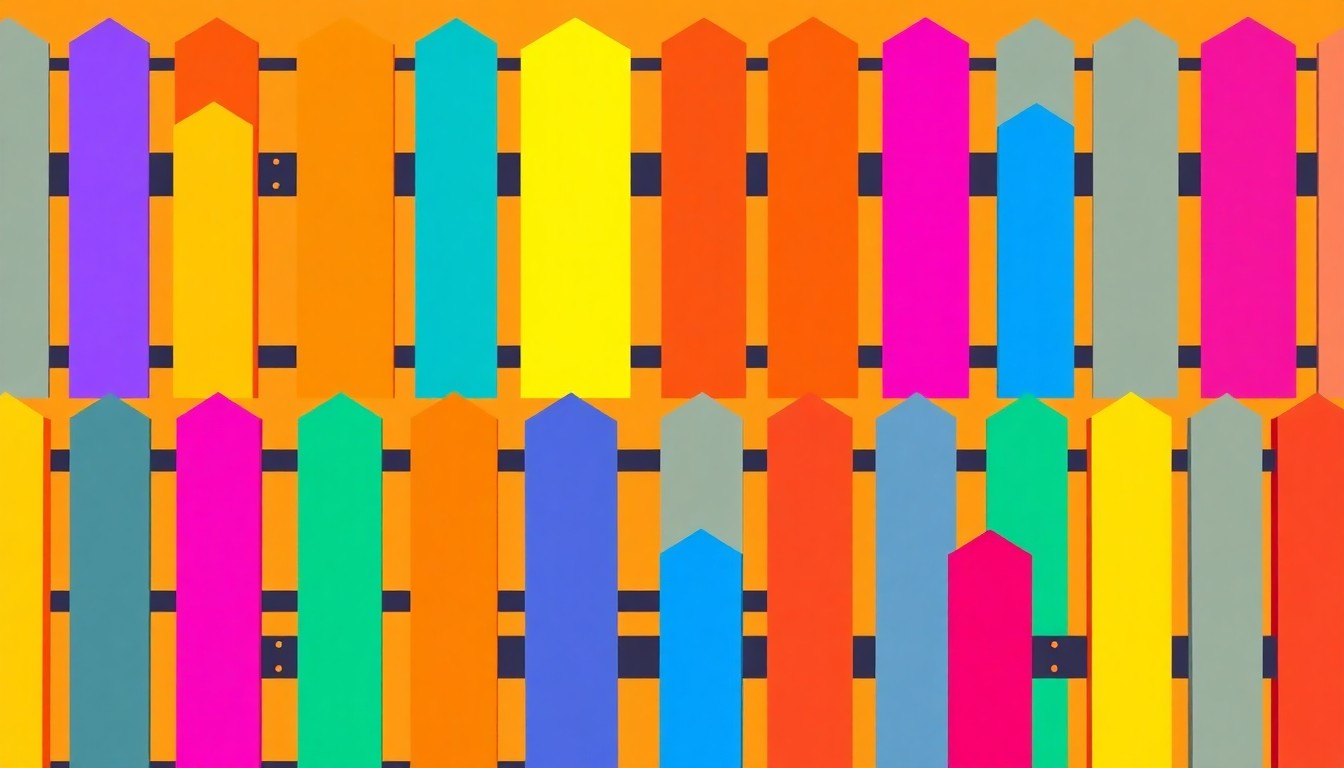 A high-contrast, silkscreen-style illustration featuring a repeating pattern of a single, iconic fence post or gate design in a grid of bright, neon-like colors, conceptually representing the growing popularity of fencing upgrades among Vancouver homeowners.