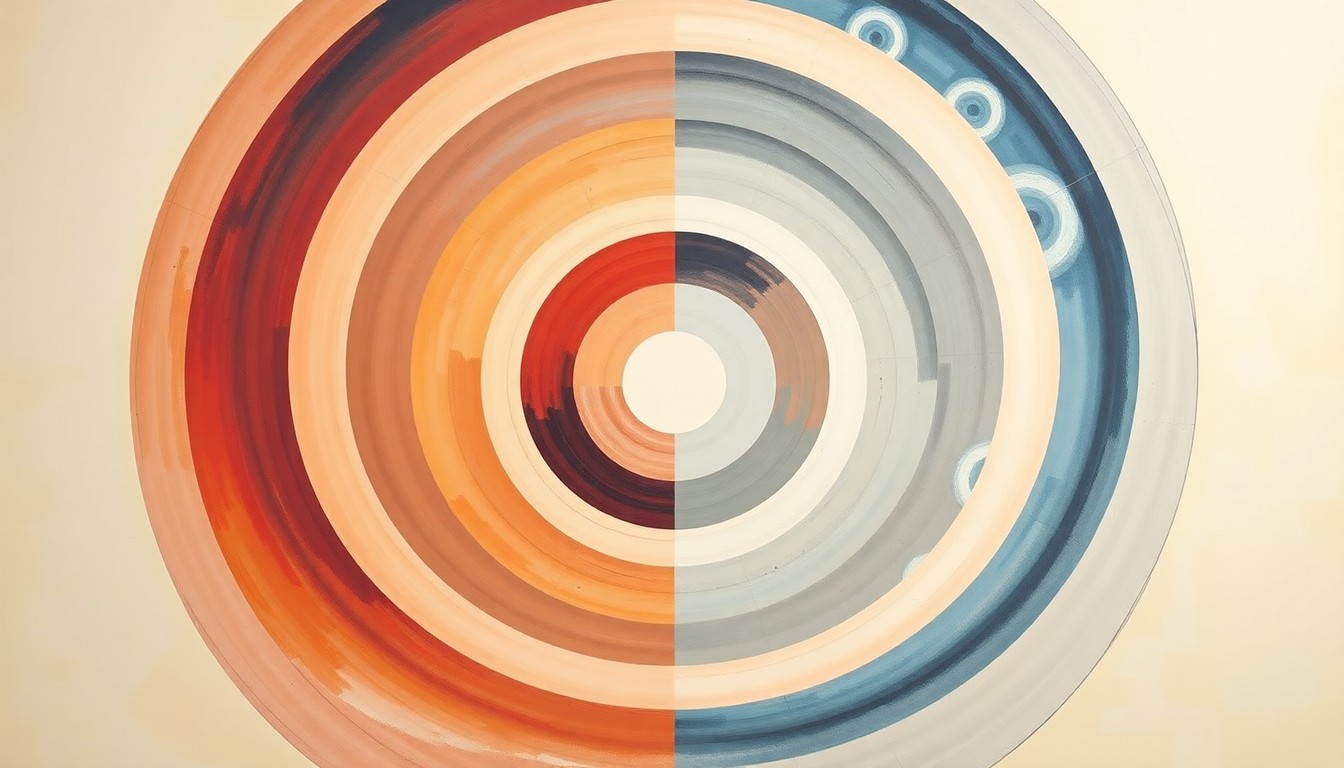 A highly structured abstract painting in soft, muted tones featuring sweeping geometric arcs, concentric circular forms, and precise botanical spirals, conceptually representing the interconnected advancements in nuclear medicine and molecular imaging technologies.