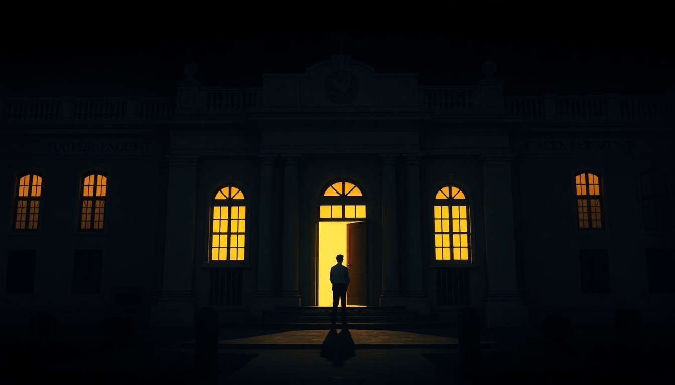 A solitary, dimly lit Cuban government building at night, with a lone figure standing in a doorway, casting a long shadow. Warm, golden light spills out from the windows, creating a sense of melancholy and quiet contemplation.