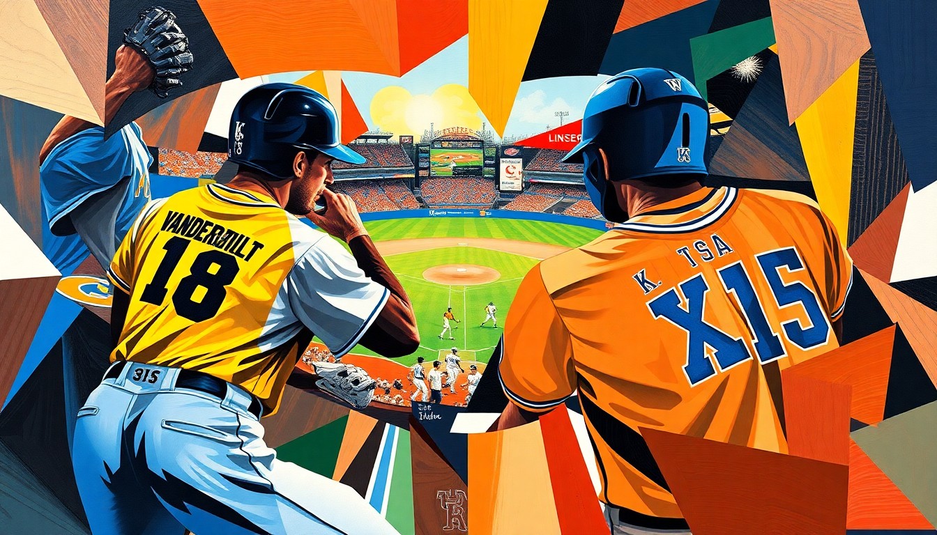 A cubist, geometric painting depicting the final moments of a baseball game, with fragmented, overlapping shapes and planes in the colors of the Vanderbilt and Kentucky uniforms, conveying the intensity and drama of the walkoff grand slam.