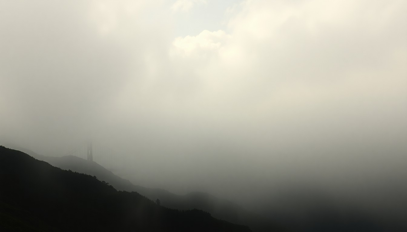 A vast, atmospheric landscape painting in muted tones of gray and blue, with the faint outline of a suspension bridge barely visible through the heavy fog, conveying a sense of the overwhelming power of nature.