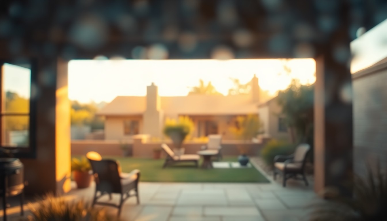An abstract, out-of-focus photograph depicting the warm, serene atmosphere of a Southwestern-style home surrounded by lush, private outdoor spaces.