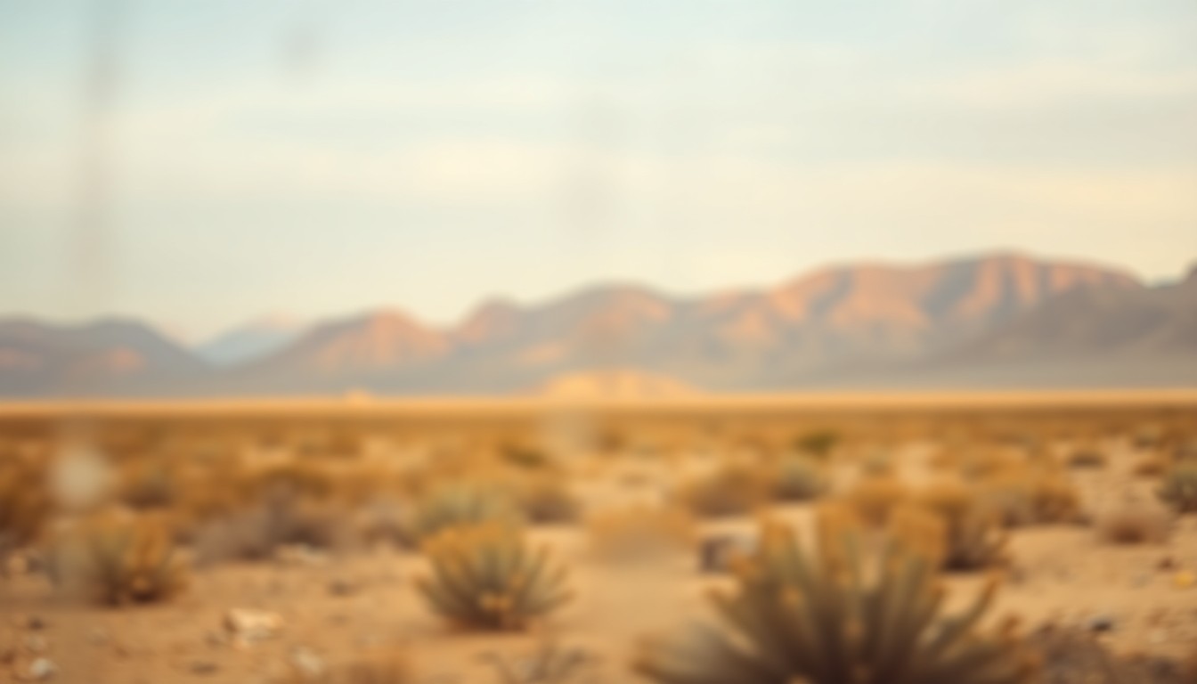 An extremely blurred, atmospheric photograph depicting a serene desert landscape with mountains in the distance and a few indistinct desert plants in the foreground, all rendered in soft, warm tones and gentle light, creating a dreamlike, contemplative mood.