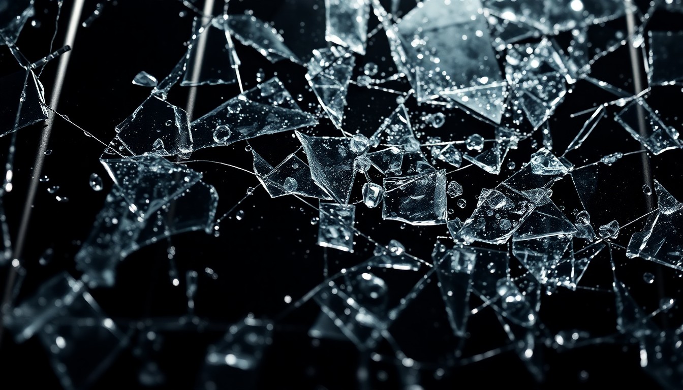 An extreme close-up of shattered, jagged glass and twisted metal textures in dramatic high-contrast lighting, conveying the violence and trauma of the prison assault on Tory Lanez.