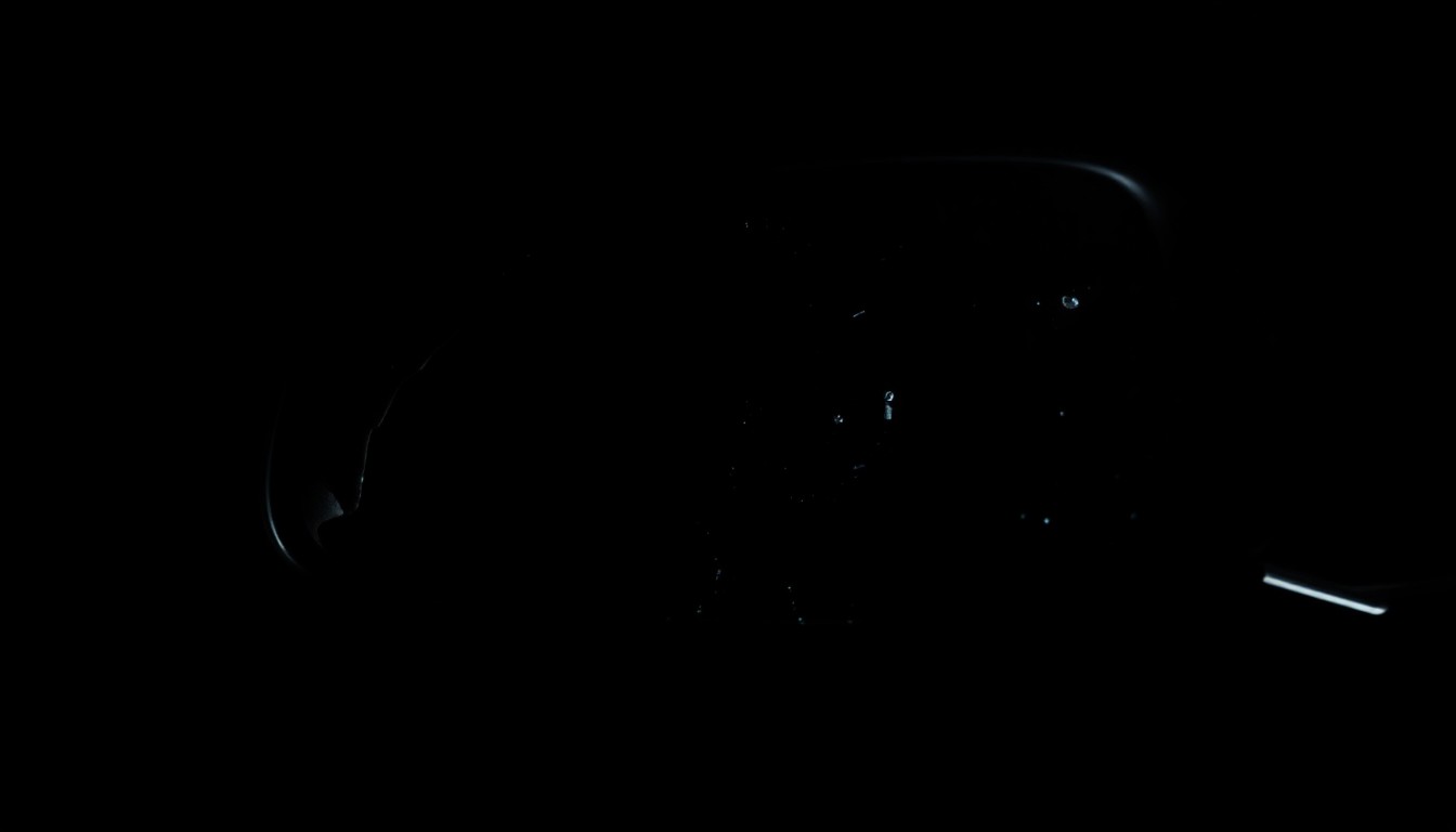 An extreme close-up photograph of a damaged car mirror or sensor, capturing the gritty, stark details of the vandalized object under harsh flash lighting against a pitch-black background, conceptually representing the disruption caused by 'teen takeover' events in Baltimore County.