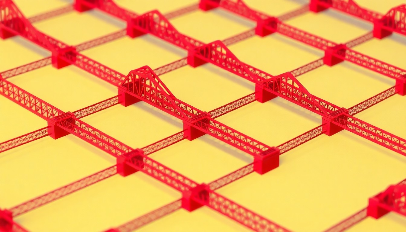 A highly stylized, abstract illustration featuring a repeated pattern of a scale model steel bridge in bold, neon-like colors, conceptually representing the creativity and technical skill of the engineering students participating in the competition.