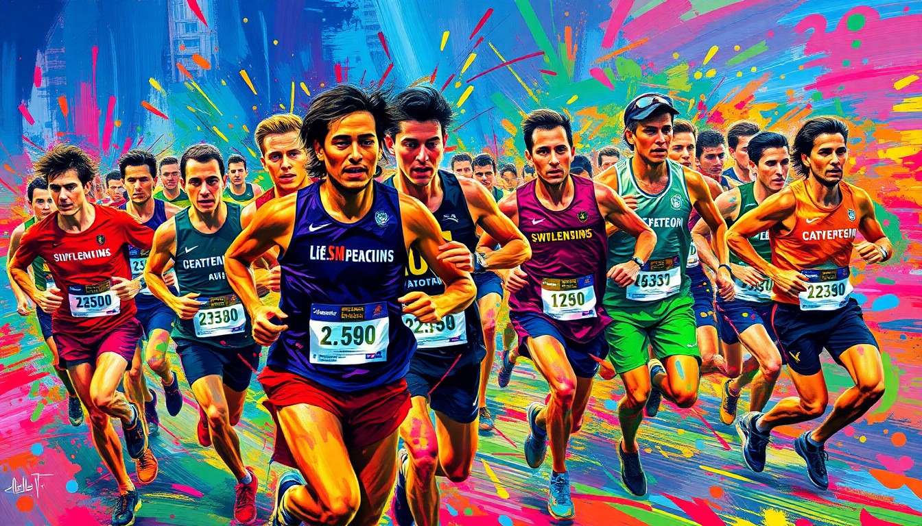 An abstract, expressionist painting in vibrant neon colors depicting the dynamic motion and energy of runners in a marathon event, with faces and logos dissolved into unrecognizable brushstrokes.