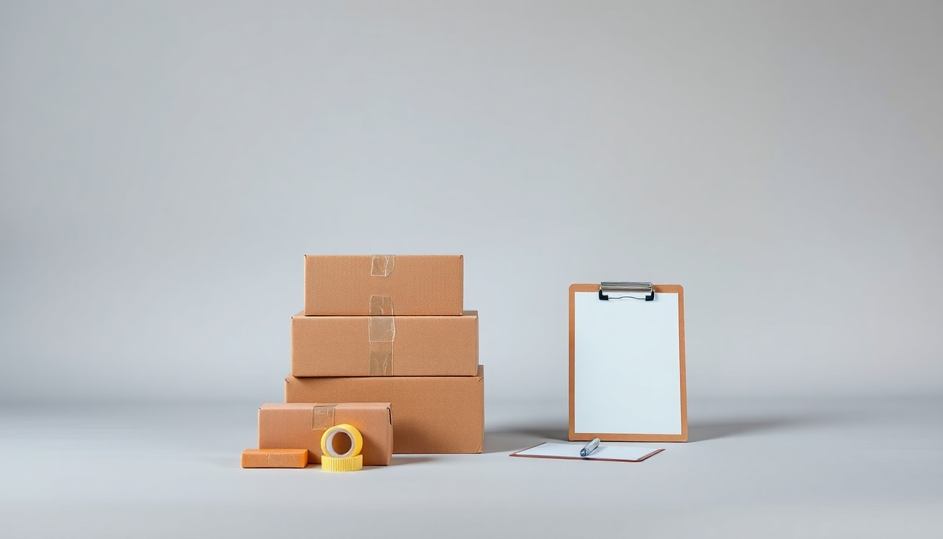 A high-end, photorealistic studio still-life photograph showing a stack of cardboard moving boxes, a roll of packing tape, and a clipboard with a pen, all arranged elegantly on a clean, light grey background. The objects are made from polished raw materials and clean geometric shapes, using dramatic lighting to represent the abstract concepts of logistics, organization, and efficient relocation.
