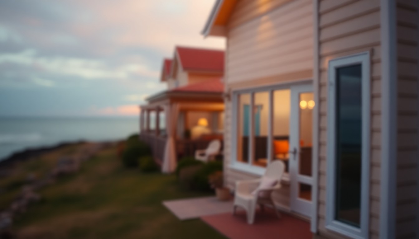 A softly blurred, atmospheric photograph of a seaside home's exterior, with warm pools of light and color creating a dreamlike, inviting mood.