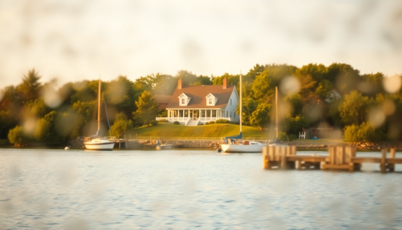 An impressionistic, out-of-focus photograph depicting the warm, golden glow of a waterfront home and boats on a calm creek, conveying a sense of serene coastal living.