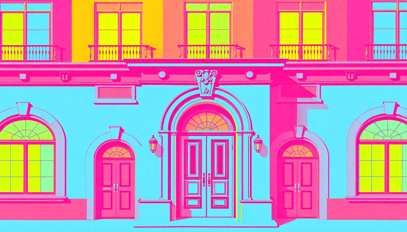 A brightly colored, high-contrast silkscreen print of a decorative roofline or arched window from a luxury home, repeated in a tight grid pattern in vibrant neon colors with heavy black outlines, conceptually representing the premium features and design of this Rockville property.