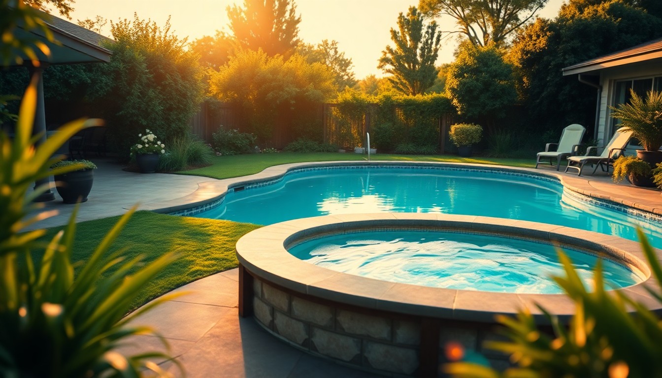 A blurred, dreamlike image of a backyard oasis with a swimming pool and hot tub, captured in soft, warm light and color.