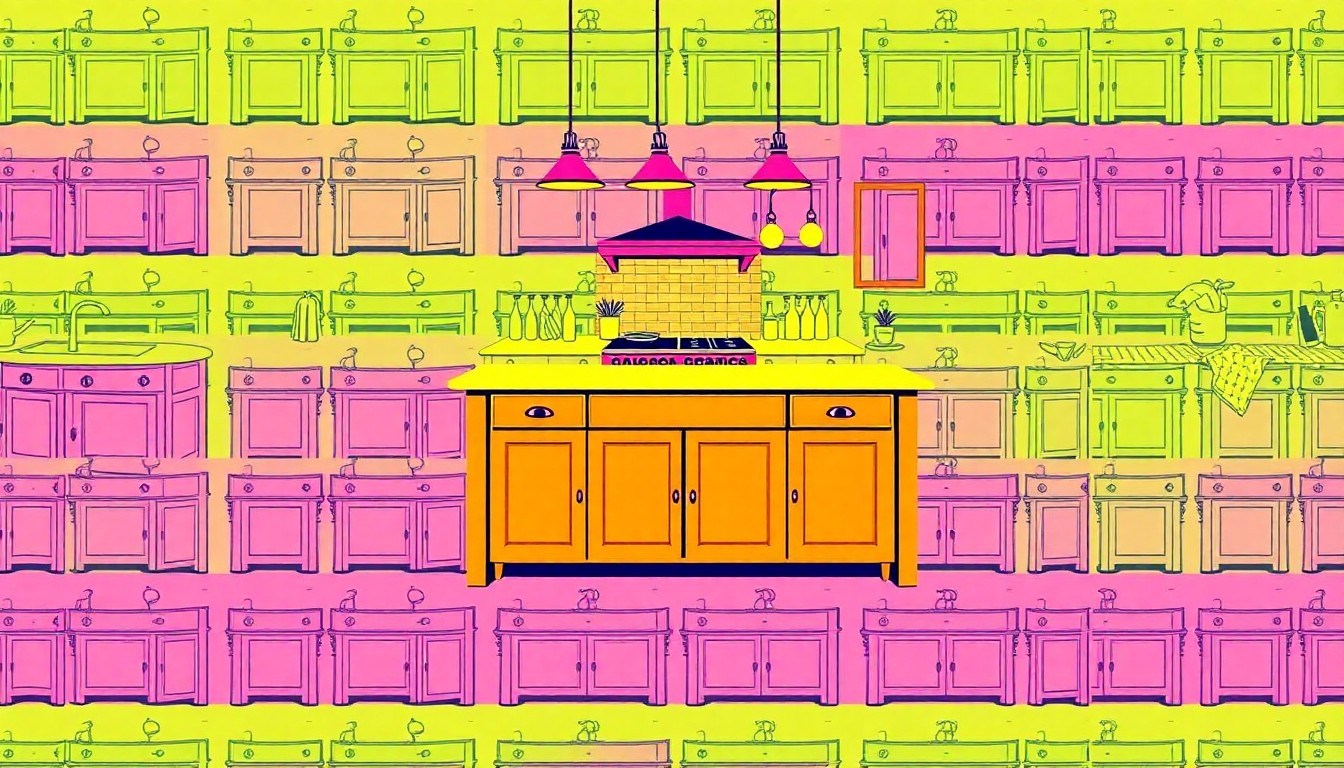A brightly colored, high-contrast silkscreen print of a farmhouse-style kitchen island, repeated in a tight grid pattern in the style of Andy Warhol, capturing the modern luxury and customizable nature of the new home.