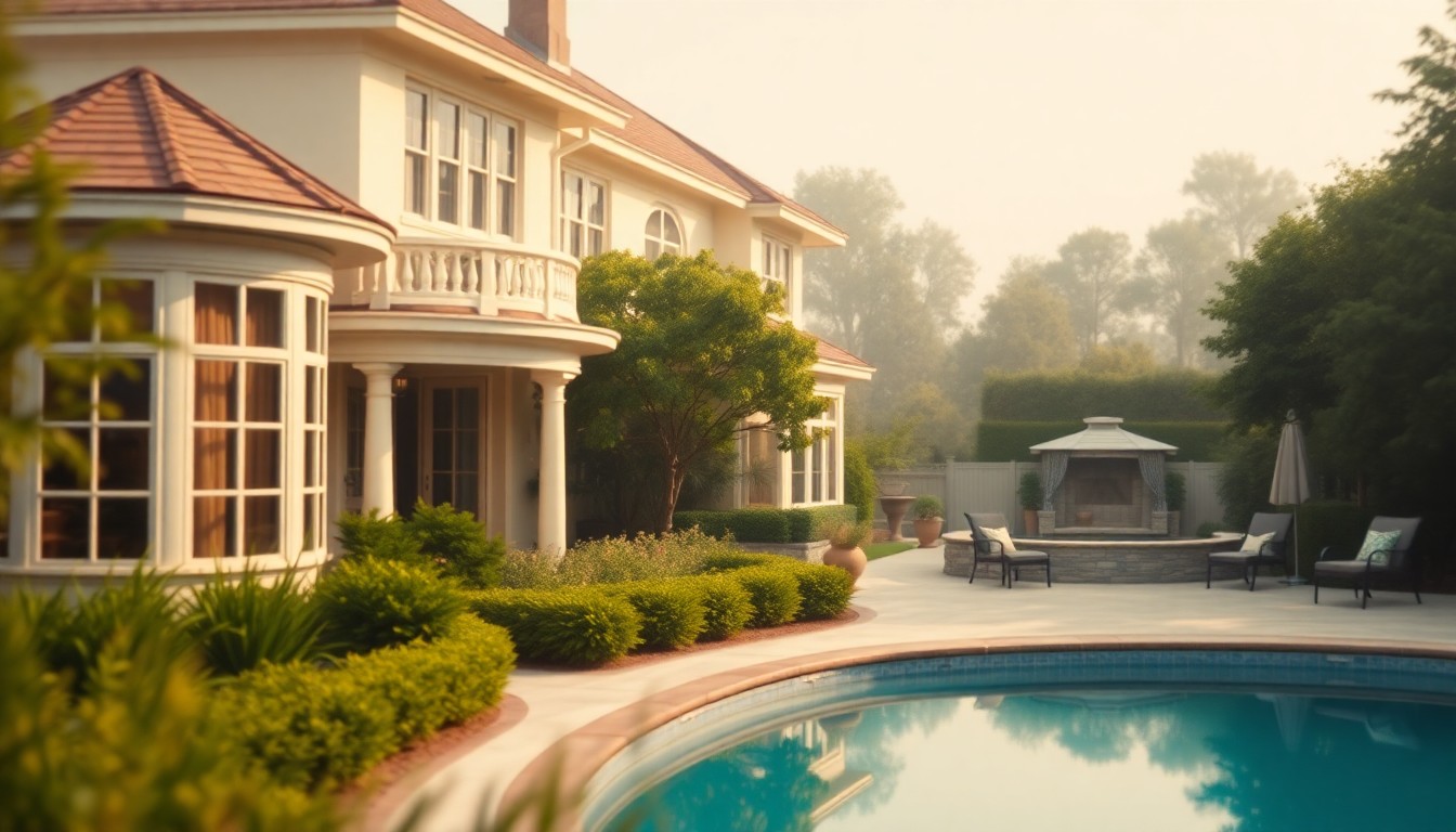 An abstract, out-of-focus photograph in soft, warm tones depicting the exterior of a traditional two-story home surrounded by lush greenery, with a glimpse of a backyard pool visible in the background, conceptually representing the high-end features and amenities of this Virginia Beach property.
