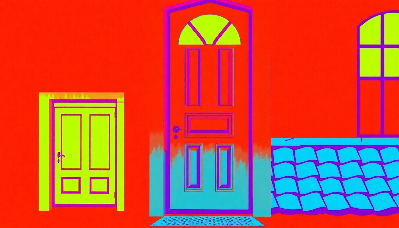 A brightly colored, high-contrast silkscreen print of a decorative front door frame repeated in a tight grid pattern, capturing the essence of luxury home design in a modern pop art style.