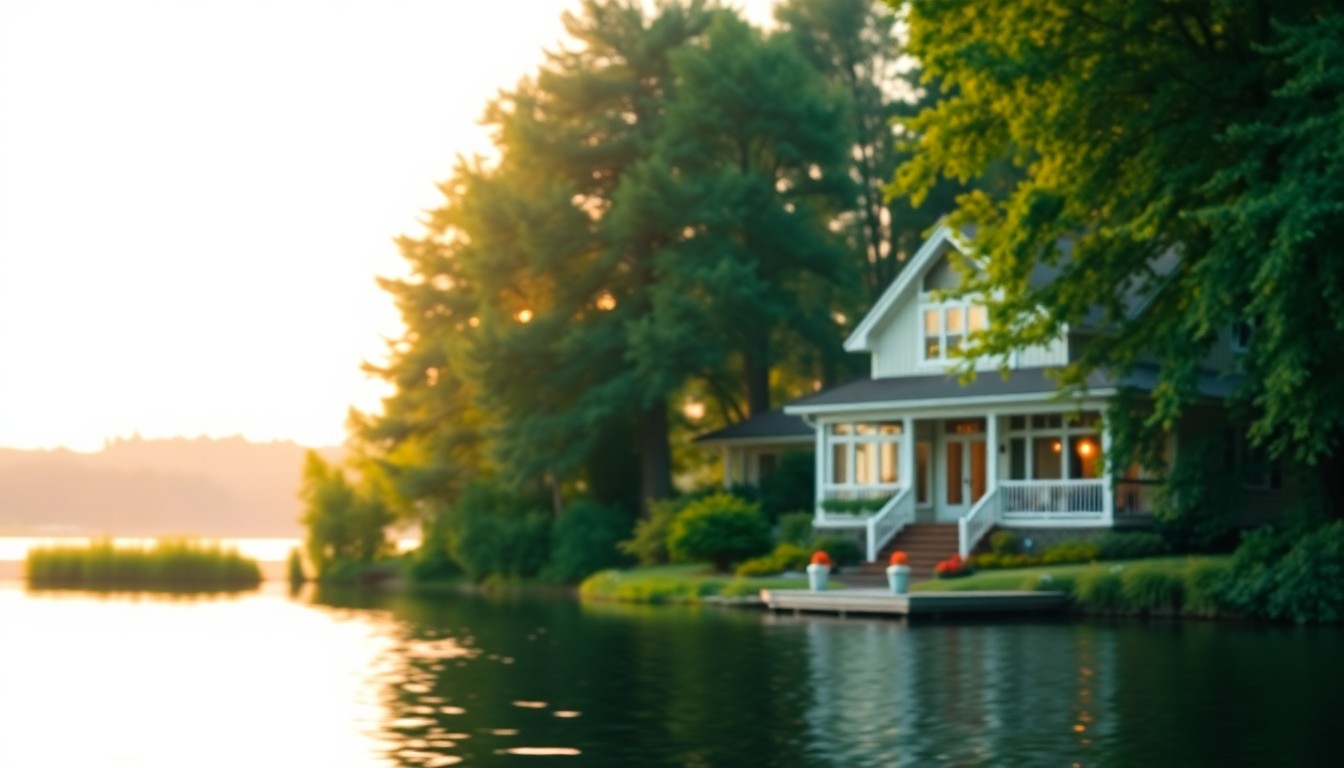 An extremely abstracted, out-of-focus photograph of a lakeside home surrounded by greenery, with soft, warm pools of light and color creating a serene, dreamlike atmosphere.