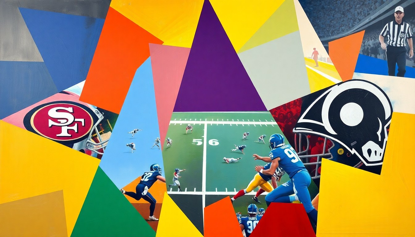 A cubist, geometric painting depicting an American football game, with sharp, overlapping planes of color representing the dynamic action on the field.