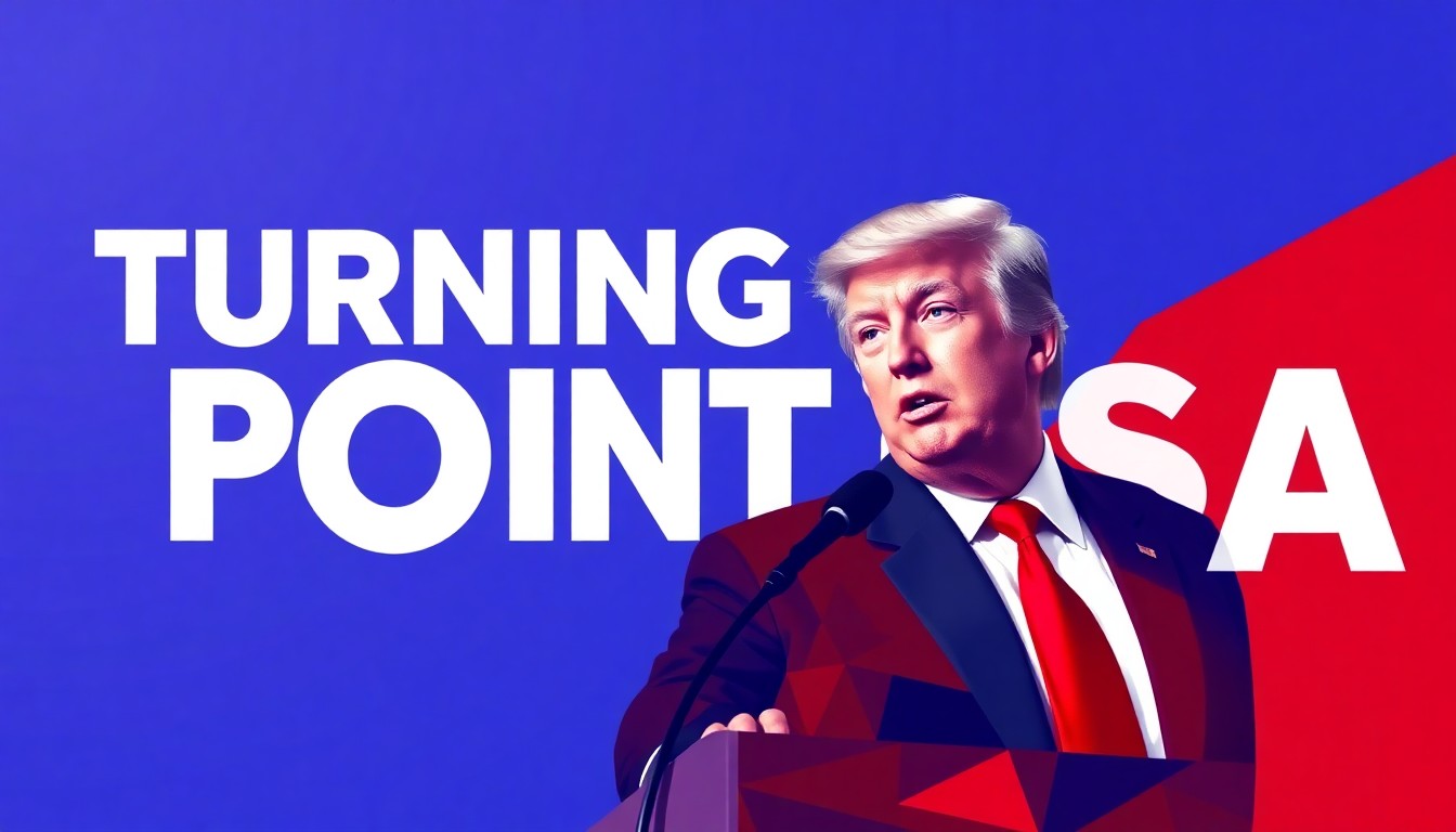 A dynamic, abstract painting featuring overlapping geometric shapes and waves of red, white, and blue, conceptually representing the energy and momentum of a political rally.