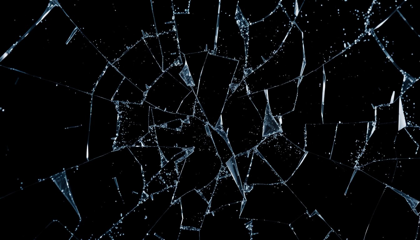 An extreme close-up photograph of a shattered glass surface, capturing the glittering, high-contrast texture and dramatic lighting to conceptually represent the enduring spiritual connection between a widow and her deceased husband.