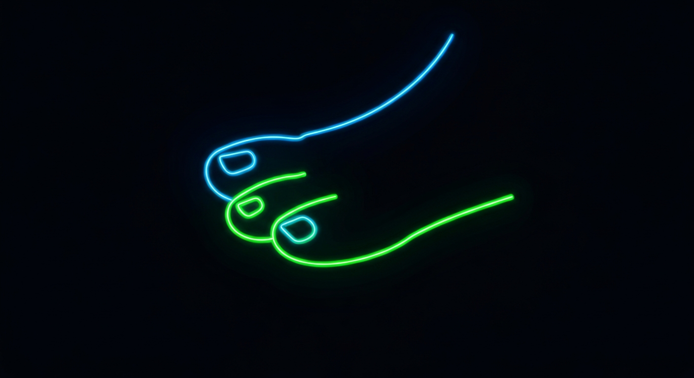 An abstract, minimalist illustration defined by vibrant neon blue and green lines outlining the shape of a human toenail or foot, conveying the concept of internal nutritional support for nail and foot wellness.