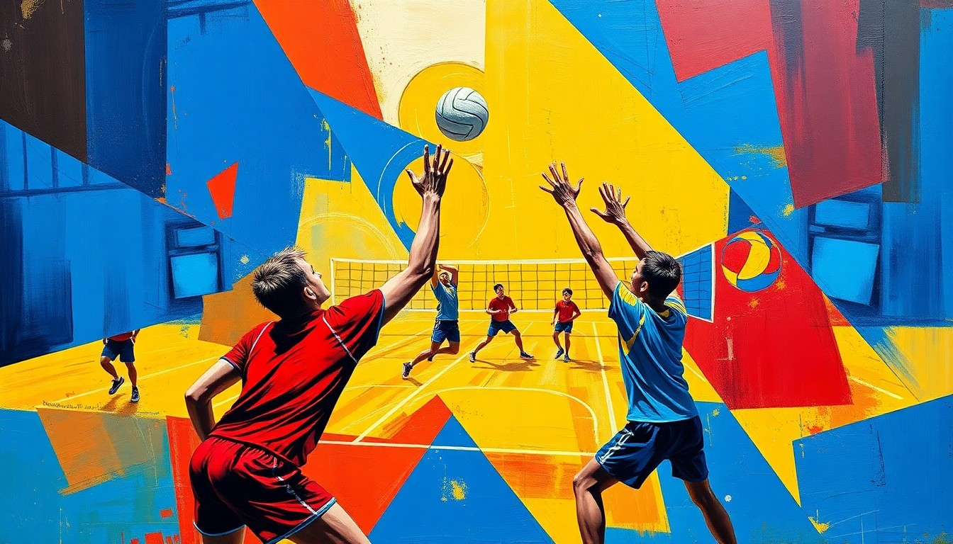 A cubist, geometric painting depicting a boys volleyball match, with overlapping planes of blue, red, and yellow representing the players, ball, and court in an abstract, fragmented style.