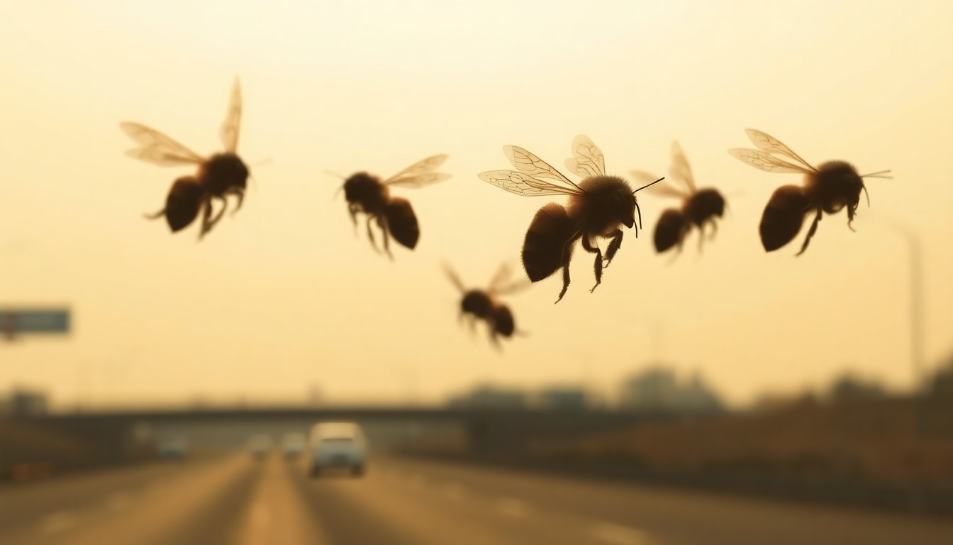 A dreamy, out-of-focus photograph depicting the shadowy forms of several flying bees against a blurred backdrop of a highway ramp, conceptually representing the chaotic scene of the bee swarm incident.
