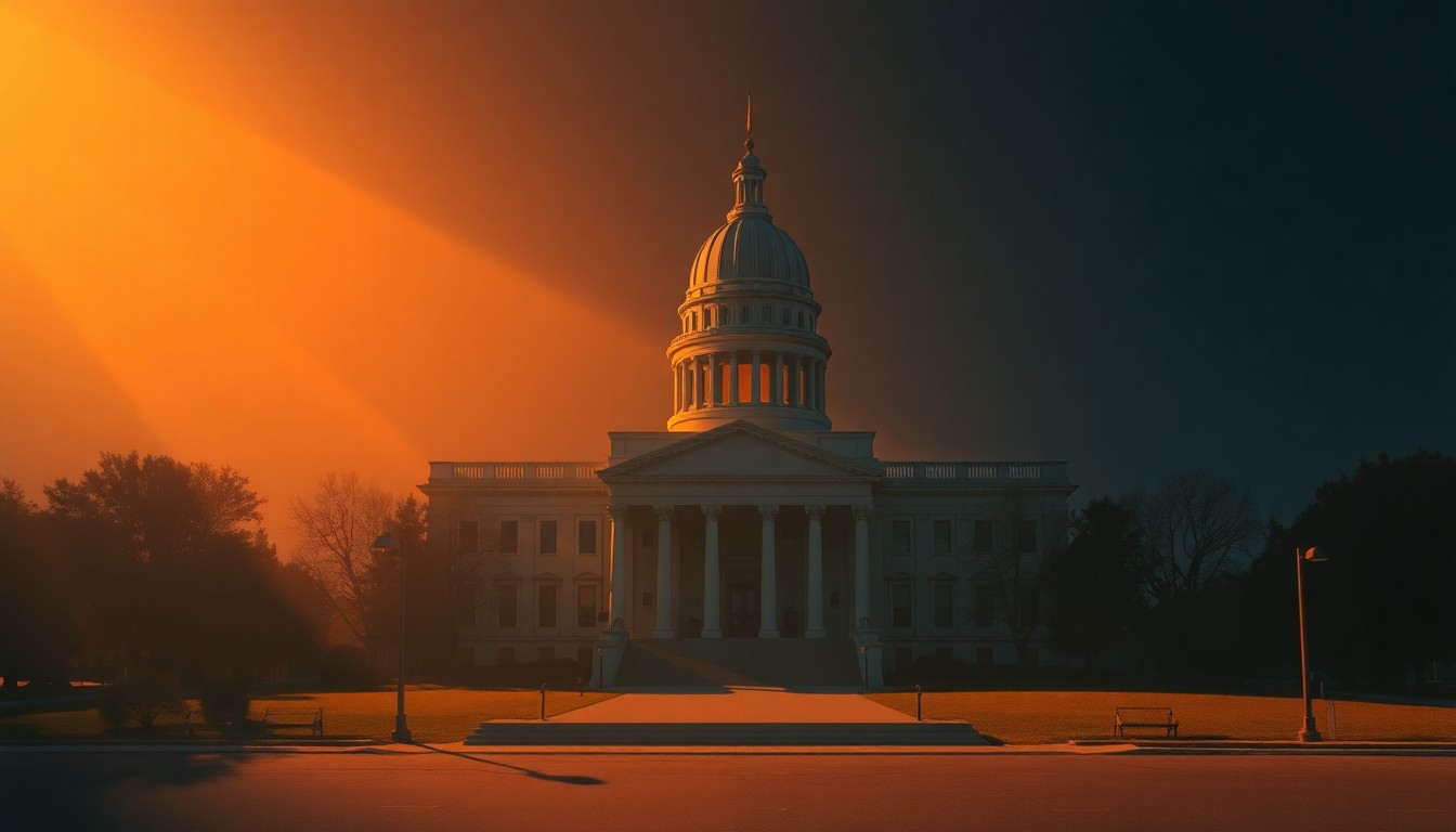 A serene, photorealistic painting of the Georgia State Capitol building in warm, golden light, conveying a sense of quiet contemplation about the role of government transparency.