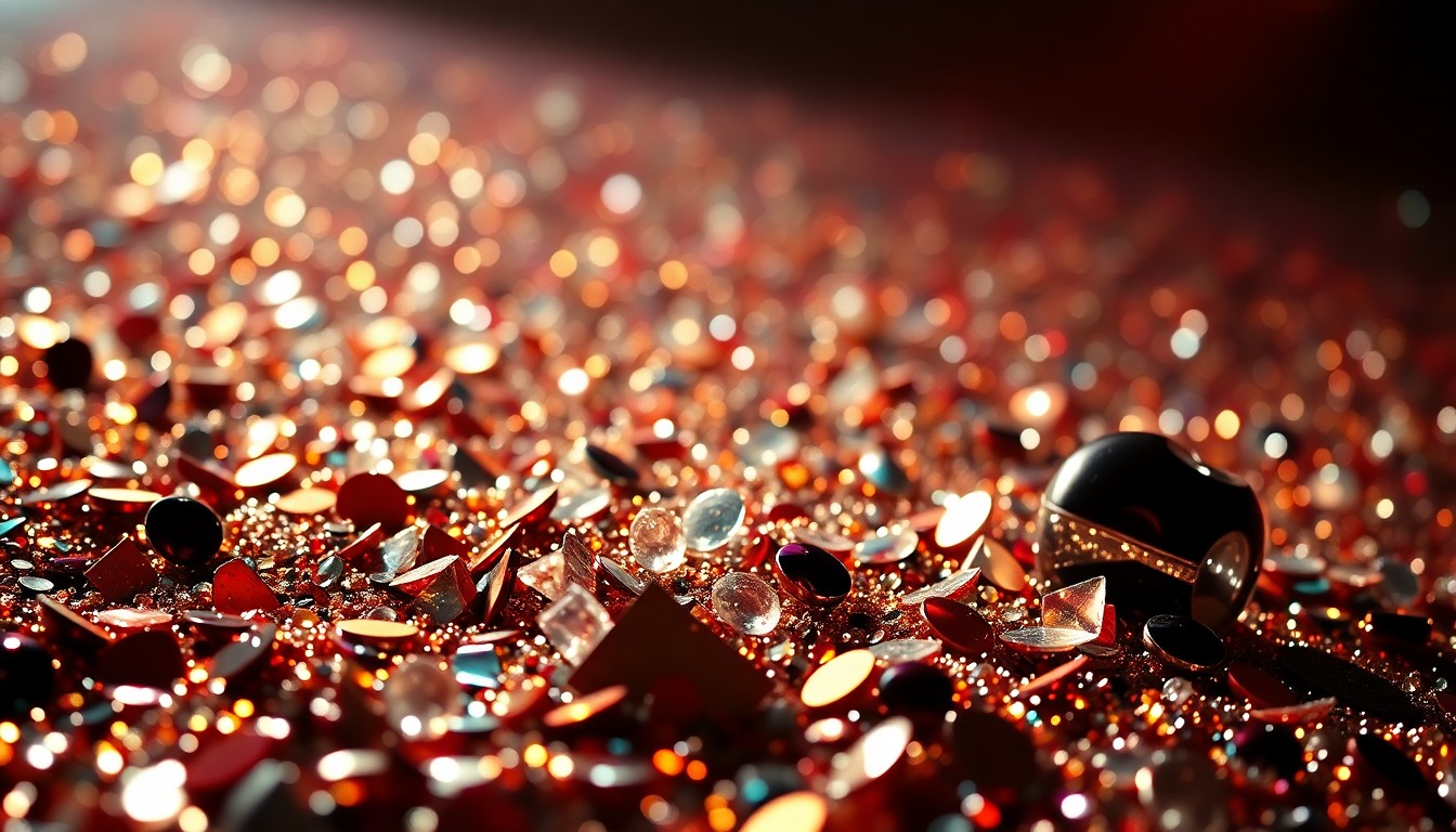 An abstract close-up image featuring a textured, high-contrast composition of glittering sequins and shattered glass, evoking the energy and glamour of a Foreigner concert performance.