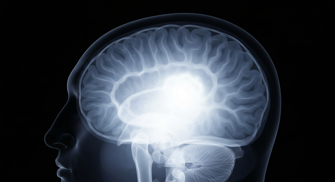 A highly detailed, translucent X-ray photograph revealing the faint outline of a meningioma brain tumor against the dark background, conceptually illustrating the use of advanced imaging to guide personalized care.