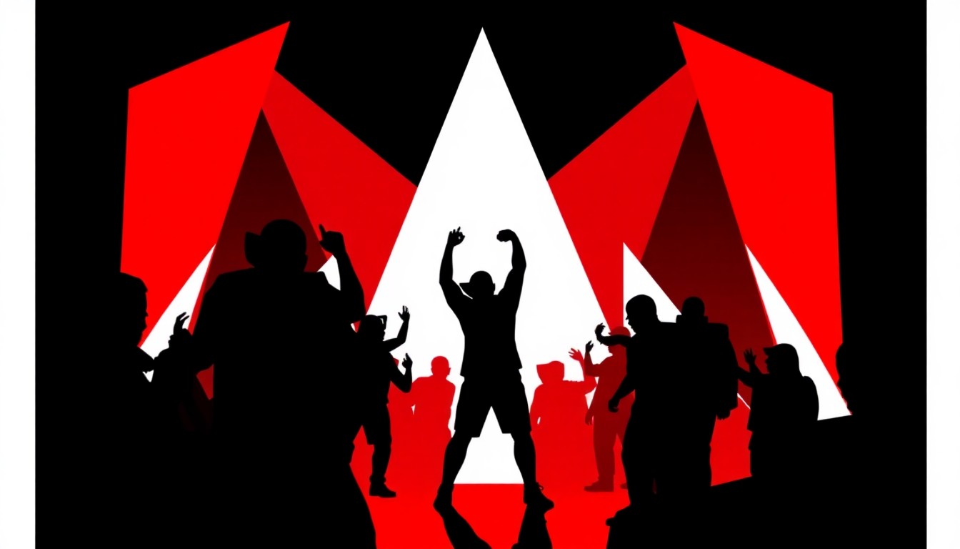 A dynamic, abstract composition of jagged black silhouettes and bold, high-contrast shapes in red and white, conceptually representing the energy and underground aesthetic of an electronic dance music event.
