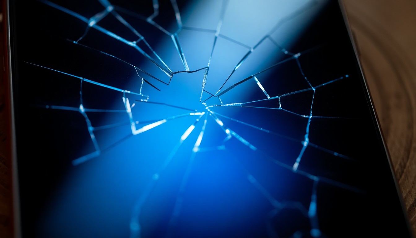 An extreme close-up of a shattered smartphone screen reflecting a faint blue light, conceptually illustrating the harsh digital landscape where scammers exploit vulnerable populations.