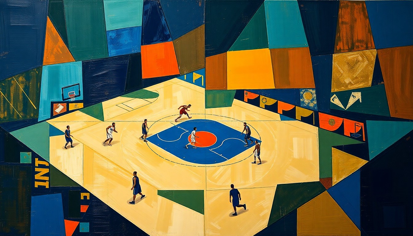 A cubist, geometric painting depicting a fragmented basketball court and players, conveying the Pelicans' organizational restructuring through an abstract, multi-angled visual style.