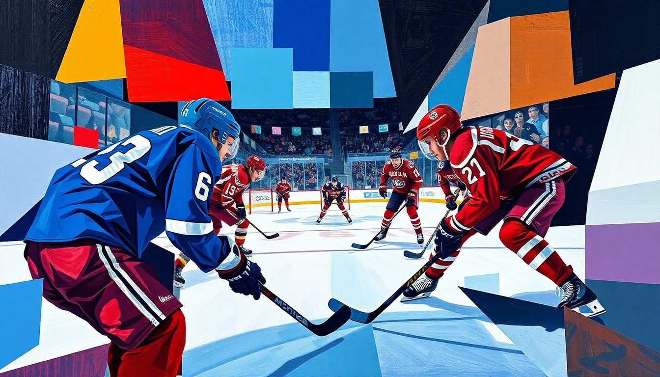 A cubist, geometric painting depicting a hockey game, with overlapping planes of color representing the players and action on the ice. The vibrant uniforms of the Boston Fleet and Montreal Victoire are visible, but no identifiable individuals or logos are present.