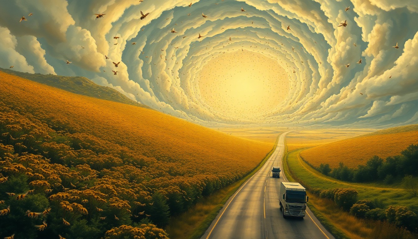 A sweeping, atmospheric landscape painting in muted tones, with a massive swirling vortex of buzzing bees obscuring the distant interstate highway and overturned truck, conveying the overwhelming power of the natural world.